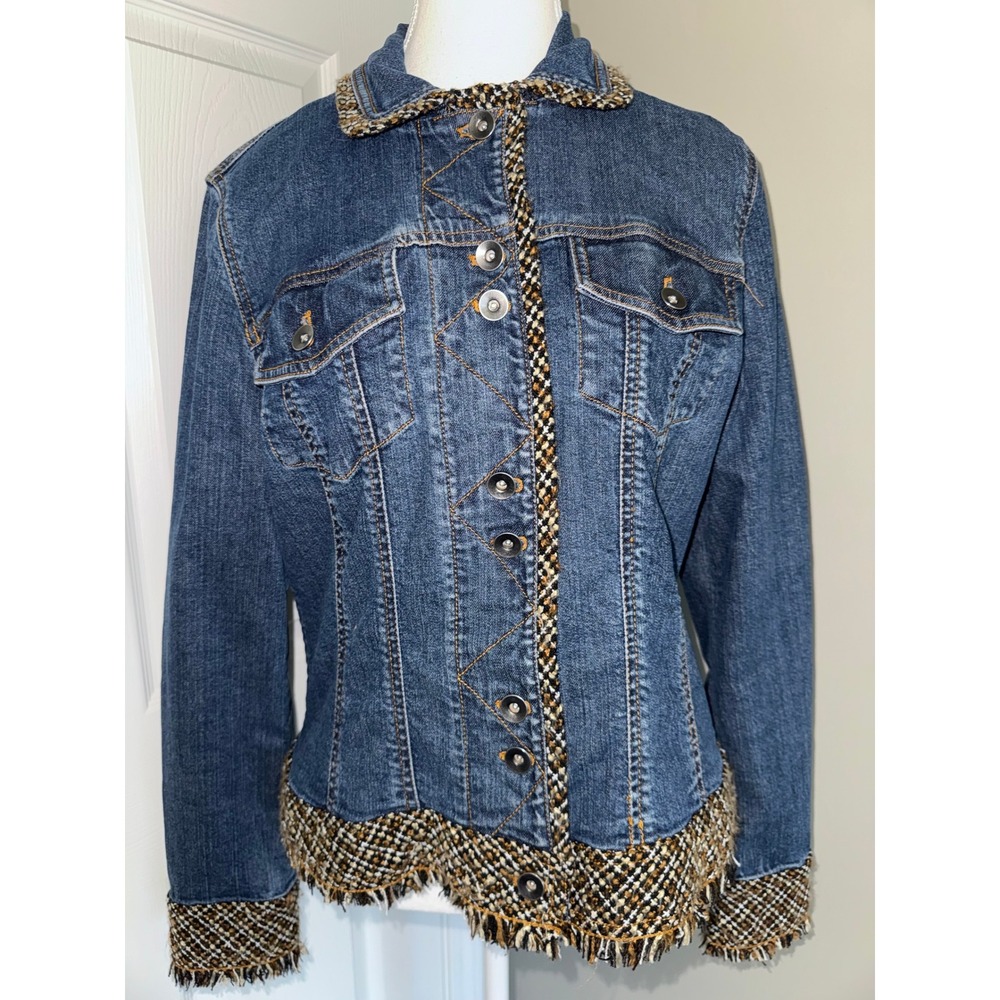 Coldwater Creek Denim Jacket Women Size 10 Blue Tweed Trim Fringe Boho Western